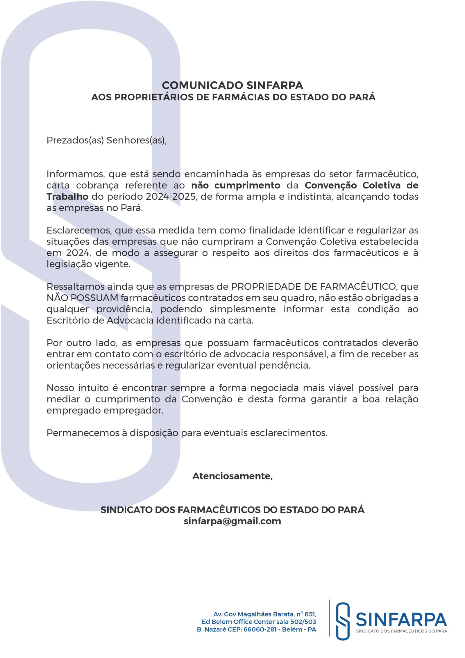 SINFARPA orienta proprietários de farmácias sobre cartas de cobrança da Convenção Coletiva de Trabalho 2024-2025